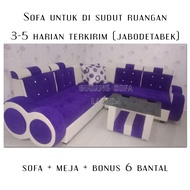 Sofa L Sudut 88 + Meja  | Minimalis &amp; Modern | Bludru Violet Ungu | Lengkapi Ruang Tamu Anda. Bahan Bludru