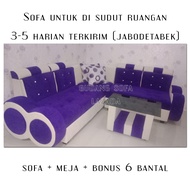 Sofa L Sudut 88 + Meja  | Minimalis & Modern | Bludru Violet Ungu | Lengkapi Ruang Tamu Anda. Bahan 