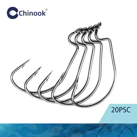 Chinook 20pcs Wide worm Texan hook Carbon Offset Fishhook Bass Barbed Carp Fishing Hook For Soft Wor