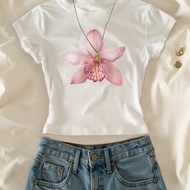 TEMU Kfc26 Women's Casual Fitted Top With Petal Flower Print, Sweet Summer Versatile T-shirt