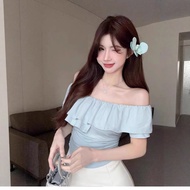 Off shoulder top Off-shoulder top Off-shoulder top Off-shoulder Ruffled Crinkled Short-Sleeved t-Shi