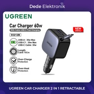 Ugreen Car Charger 2 In 1 Retractable Cable Type C Fast Charging 60W 55212B