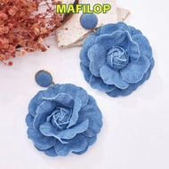 MAFILOP Denim Blue Fabric Earrings, Denims Exaggerate Blue Rose Earrings,  Handmade Ornament Flower 