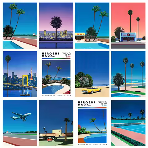 Hiroshi Nagai Vaporwave Japan Beach City Summer Wall Art Canvas Painting Prints Posters Wall Picture
