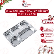 5-compartment stainless steel rice tray 33x23x4.5 cm - convenient compartments for students, workers