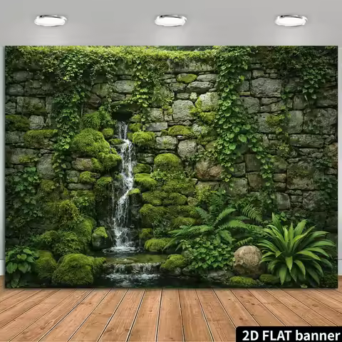 2D planar courtyard landscape waterfall wall background fabric - lush green stone wall covered with 