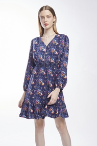 EP เดรสลายฟลอรัลทรงแฟลร์ ผู้หญิง สีน้ำเงินเข้ม | Fit and Flare Floral Dress | 00833