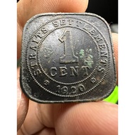 YY#54 | ١ سـن | 1920 Straits Settlements 1 Cent (King George V) | Bronze Square Coin 5.78 g | VG Gra