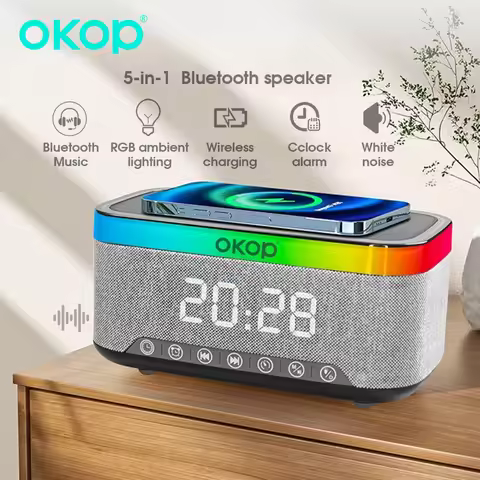 OKOP Bluetooth Speaker, Wireless Charging Clock Alarm Clock RGB Ambient Light White Noise Desktop Sp