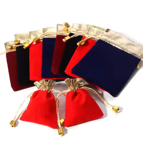 5-10pcs/lot 7x9cm 9x12cm 12x16cm Vintage Velvet Bag Gold Color Trim Drawstring Red Gift Bags Wedding