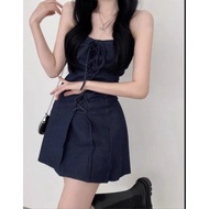 miki - Lace-Up Denim Dress Imported/ Women's Clothing/ Denim Dress/ Strap Dress/