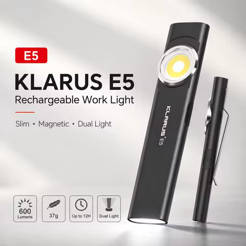 KLARUS E5 Rechargeable Work Light 600LM USB-C Magnetic Clip 8 Modes Slim EDC Flashlight for Camping 