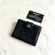 中古Chanel黑金色羊皮皮革中夾 皮夾 錢包 短夾 二手包 小包 古董