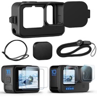 Silicone Rubber Soft Case Tempered Glass Lens Screen Protector for GoPro Hero 9 10 11 Black,Protective Case Frame Housing Sleeve Cover with Stretchable Lanyard Accessories kit