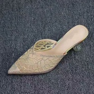 Huilm Lưới Mules Cho Phụ Nữ Đóng mũi nhọn Giày gót thấp Trượt Trên váy hở lưng Đám Cưới Giản Dị Bơm 