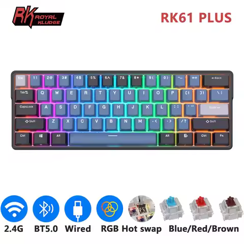ROYAL KLUDGE RK61 Plus 2.4G Wireless Bluetooh Mechanical Keyboard 61 Keys 60% Compact RGB Backlit Ho