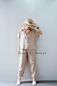 HLuz4 ชุดเซ็ท กางเกงขายาว เสื้อเชิ้ต แขนสั้น  ชุดเซ็ท ผ้าลินิน นำเข้า ชุดเซ็ทผ้าพื้น Bonus by ananya