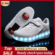 XCHG Ready Stock 4 Colors Wheels Kids LED Light Up Shoes Sneakers With Wheels Boy Girl Roller Skate 
