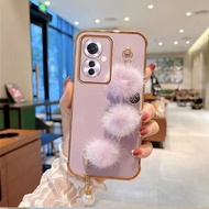 2024 New Casing OPPO Reno11 F 5G OPPOReno11F Reno11F Reno 11 F 11F Handphone Case with Hairball Pearl Bracelet for Girls Premium Plating Softcase Pink Black Cover