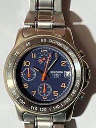 SEKONDA 銀色金屬錶殼圓形藍色錶面計時及日曆功能鋼帶手錶