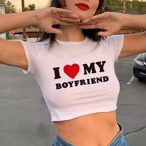 2000s y2k Cropped Shirt I Love My Boyfriend Print T-Shirt Casual Crew Neck Short Sleeve Crop Top for