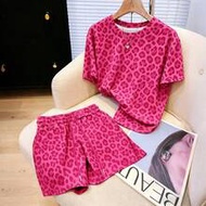 2pcs/Set Pink Leopard Print Summer Casual Streetwear City Break Outfit,Y2K Baddie Style Fuchsia Shor