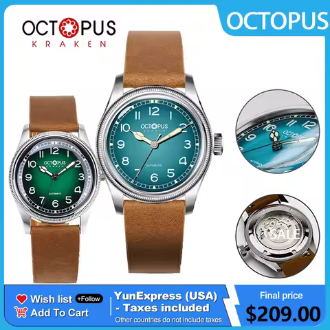 Octopus Kraken 38mm Pilot Watch Retro Stainless Steel PT5000 SW200 Movement Automatic Mechanical Wri