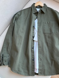 เสื้อเชิ้ตแขนยาวสีเขียวทหารผ้าฝ้ายแท้สำหรับผู้ชาย Citboy Workwear เสื้อคลุมกันหนาวบางๆ ลำลอง OOTD เส