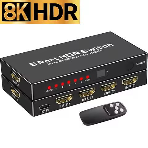 8K HDMI 2.1 Switch 5 in 1 out 8K@60Hz 4K@120Hz HDMI Switcher Selector 3x1 Support HDCP2.3 48Gbps HDR