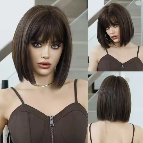 NAMM Short Straight Dark Brown Wig for Woman Daily Cosplay Lolita Wig Highlight Orange Bob Wigs Synt