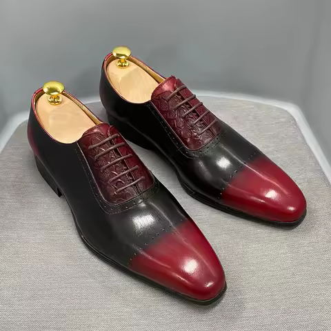 Luxury Brand Men Genuine Cow Leather Oxford Shoes Pointed Toe Red/Black Formal Dress Shoes Lace-Up O