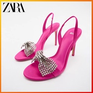 ZARA Summer New Product Women's Shoes Rose Red Bright Bow High Heel Sandals 1343010 060