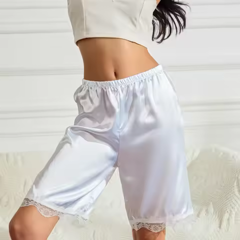 Femme Solid Sleep Wear Summer Womens Comfy Casual Lace Hem Satin shorts Sleepwear Sleep Short