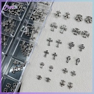 New 60Pcs/12 Grids Mixed 3D Punk Silver Heart Cross Metal Manicure Nail Decoration Retro Different D