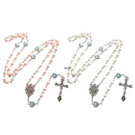 ✿ White Rosary Catholic Necklace Catholic Necklace Crystal Pink-Pearl Long Chain