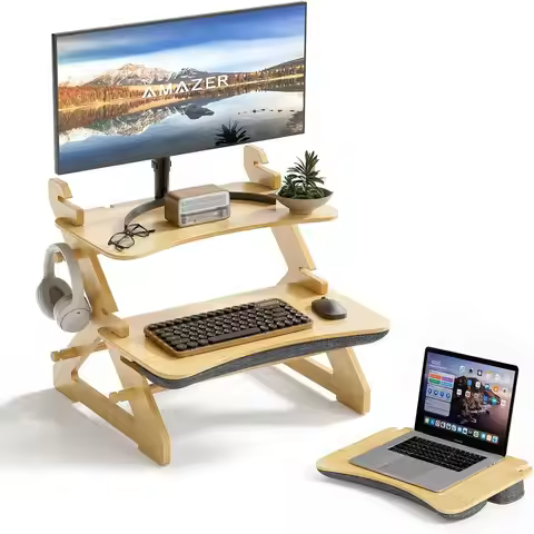 22 Bamboo Small Sit-Stand Desk Riser with Lap Desk and Keyboard Tray for Monitor and Laptop