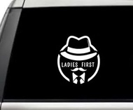 Ladies First Hat Mustache Tie Suit Window Laptop Vinyl Decal Decor Mirror Wall Bathroom Bumper Stickers for Car Funny 7 Inch