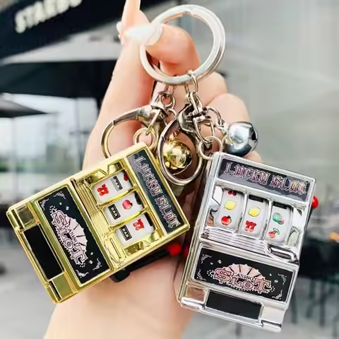 1PC Mini Fruit Slot Machine Keychains Lucky Jackpot Gambling Machine Key Holder Retro Coin Operated