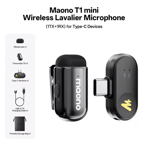 MAONO Wave T1 Mini Wireless Lavalier Microphone Mini Lapel Mic for iPhone Android PC AI Noise Cancel