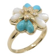 二手 Flour 女士戒指，12 碼，18K 黃金鑲嵌綠松石和鑽石，D0.03，約 4.7 克