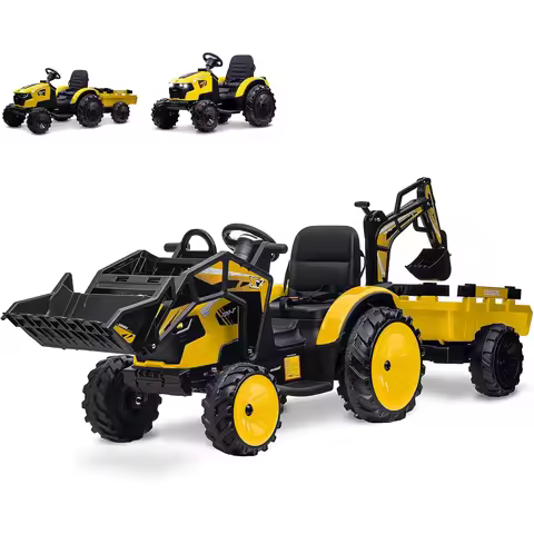 3 in 1 Kids 24V Ride On Tractor, Excavator & Bulldozer, Electric Vehicle w/Trailer,Digger,Shovel Buc