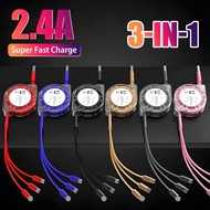 6 Colors Crystal Texture Phone Fast Charging Cable Portable 80cm Retractable 3 in 1 Charging Wire Un