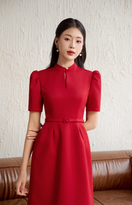 (Winter - Tet 2024) Váy Keelin thiết kế dáng xếp ly A cổ tàu tay bồng