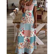 Women's Casual Floral & Polka Dot Print Maxi Dress - V-Neck, Light Blue With Pink And Red Blooms, Ru