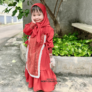 Gamis Syarifah Set Hijab Anak Perempuan Ceruty Babydoll X Brukat Sapto Renda Cantik Baju Gamis Lebaran Mewah 2024
