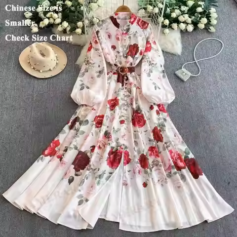 Runway Floral Maxi Dress Shirt Women Single Breasted Print Palace Design Full Sleeve National Brand 