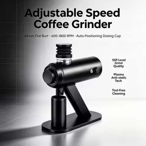 HomeWise J64 Adjustable Speed Coffee Grinder 64mm Titanium Flat Burr SSP-Compatible Plasma Anti-Stat