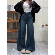 [Lu77 Studio] Retro Blue Denim Trousers Slim-Fit Wide Jeans Floor Pants Harajuku Style Slimmer Look 