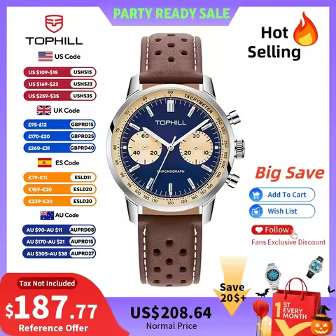 TOPHILL Vintage Racing Chronograph Men’s Mechanical Watch ST1901 Seagull Movt. Pilot Military Leathe