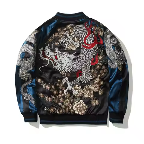 Vintage Streetwear Japanese Sukajan Souvenir Reversible Jacket Autumn Chinese Dragon Embroidered Bas